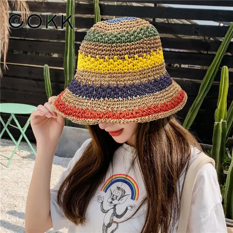 

COKK Summer Hats For Women Bohemian Straw Sun Hat Female Striped Big Brim Foldable Sunhat Beach Holiday Seaside Travel Gorro New