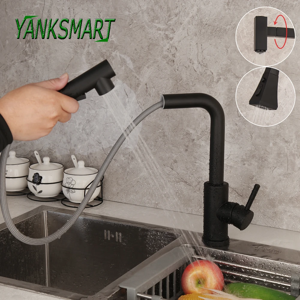 

YANKSMART Matte Black Kitchen Faucet Deck Mounted Pull Out Spray Sink Faucets 360 Degree Rotation Hot And Cold Mixer Water Tap