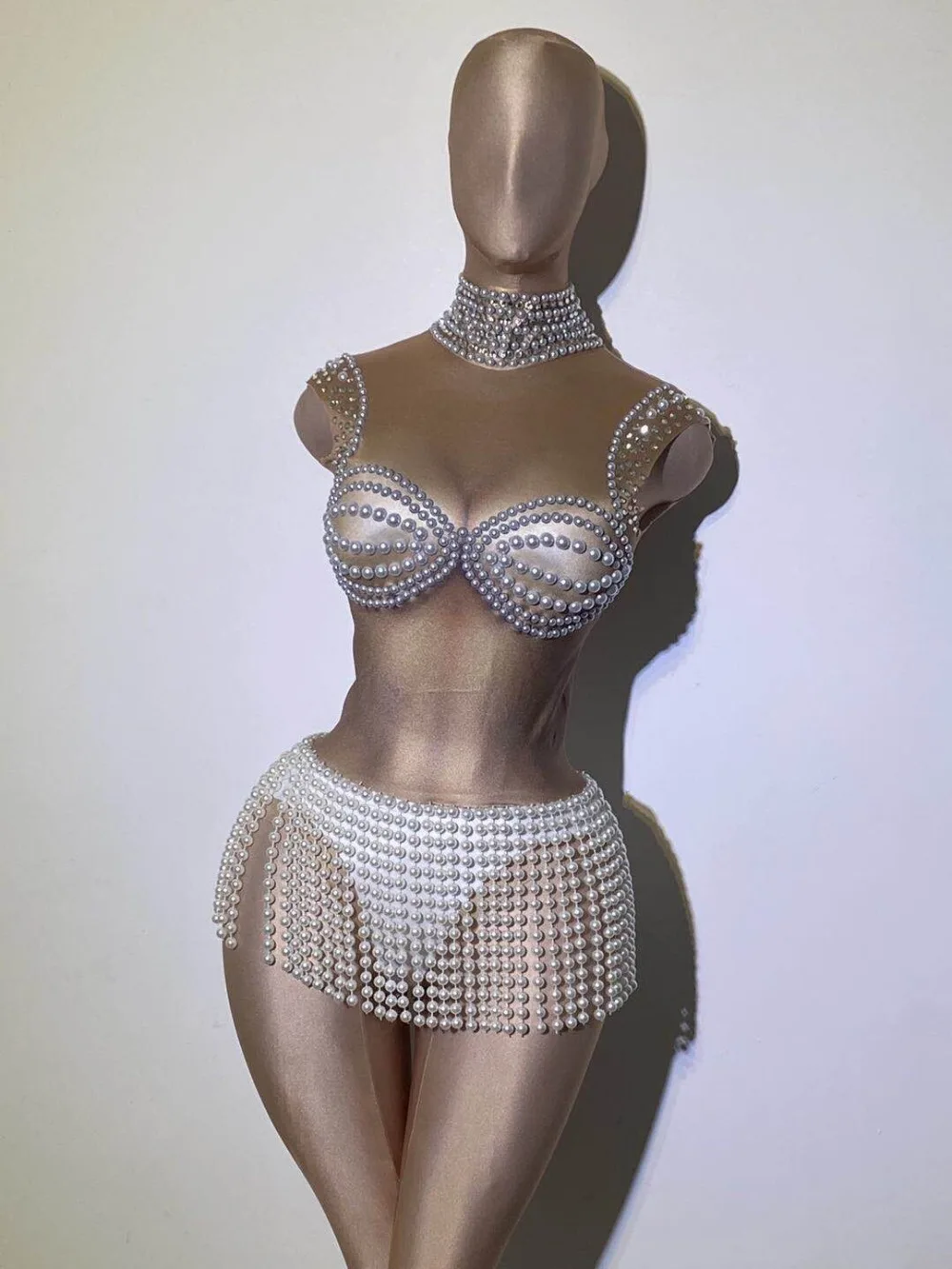 Sexy singer costume White Pearl Fringe Stones Spandex Bodysuit Women Nightclub Bar Prom Birthday Outfit