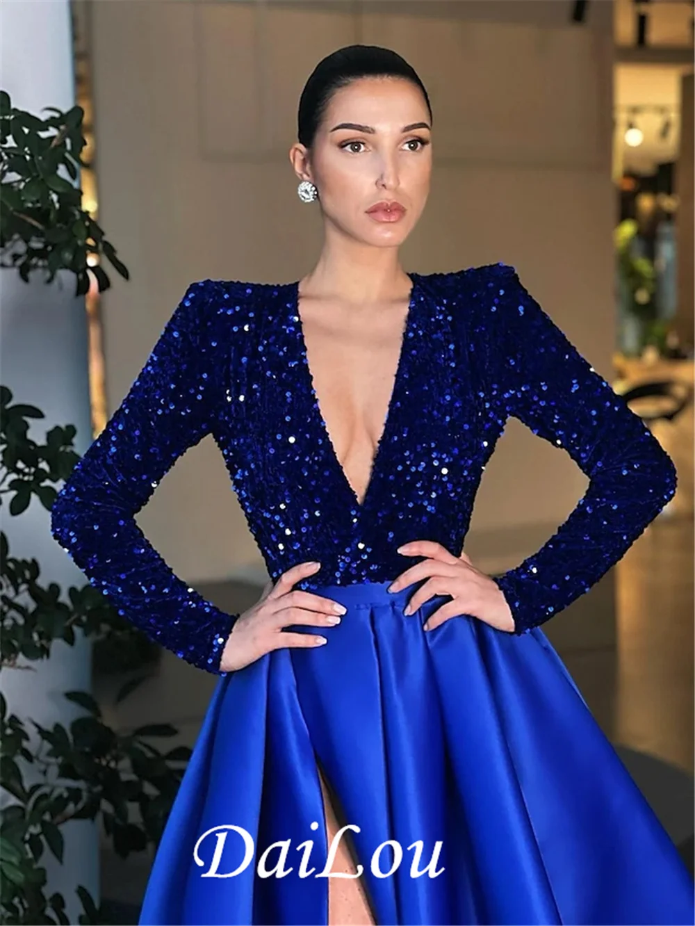 A-Line Sparkle Party Wear Formal Evening Dress V Neck Long Sleeve Floor Length Satin Sequin With Crystals Split 2023