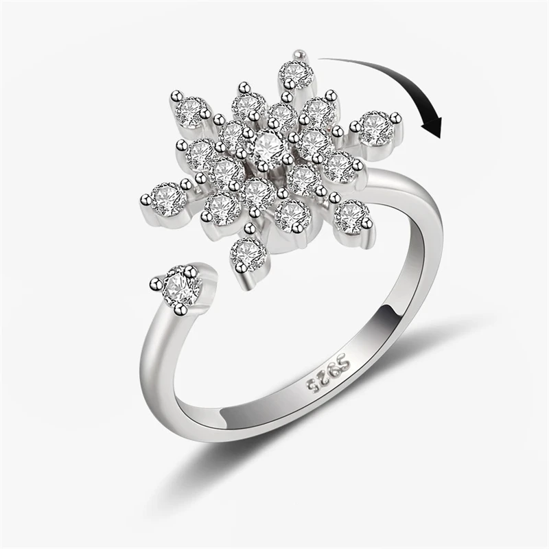 

KOFSAC Fashion Rotatable Christmas Snowflake Ring Female Jewelry 925 Sterling Silver Rings For Women Relieve Stress Daily Wear