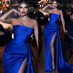 Sevintage Mermaid Royal Blue Arabia Prom Dresses Satin Pleats Slit Side Dubai Formal Evening Dress Customize Women's Party Gowns