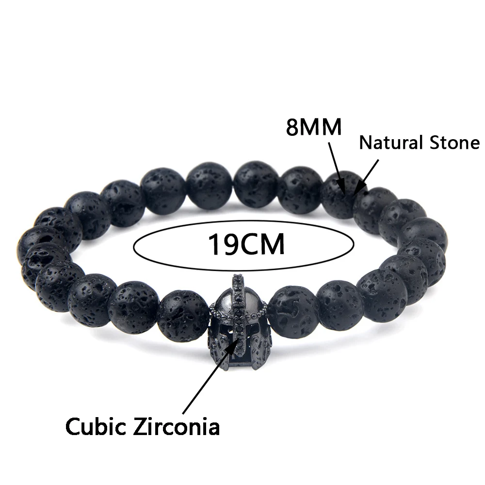 Natural Stone Black Lava Beads Bracelet Spartan Warrior Gladiator Helmet Fashion      Punk Style Bracelets For Women Men Jewelry view 6
