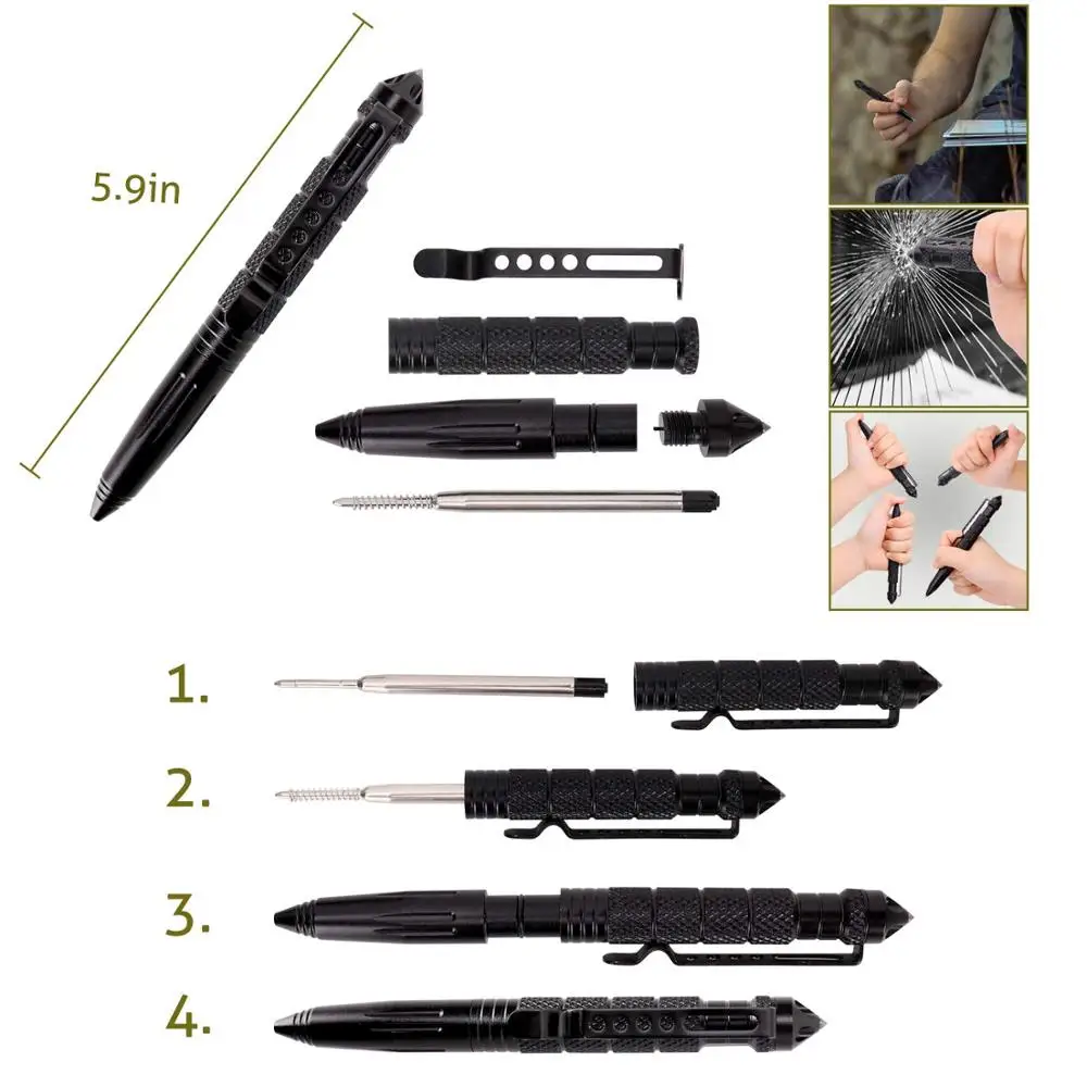 Military Tactical Pen Professional Self Defense Pen Emergency Glass Breaker with a EDC Multi Tool Credit Card Knife for Men Dad