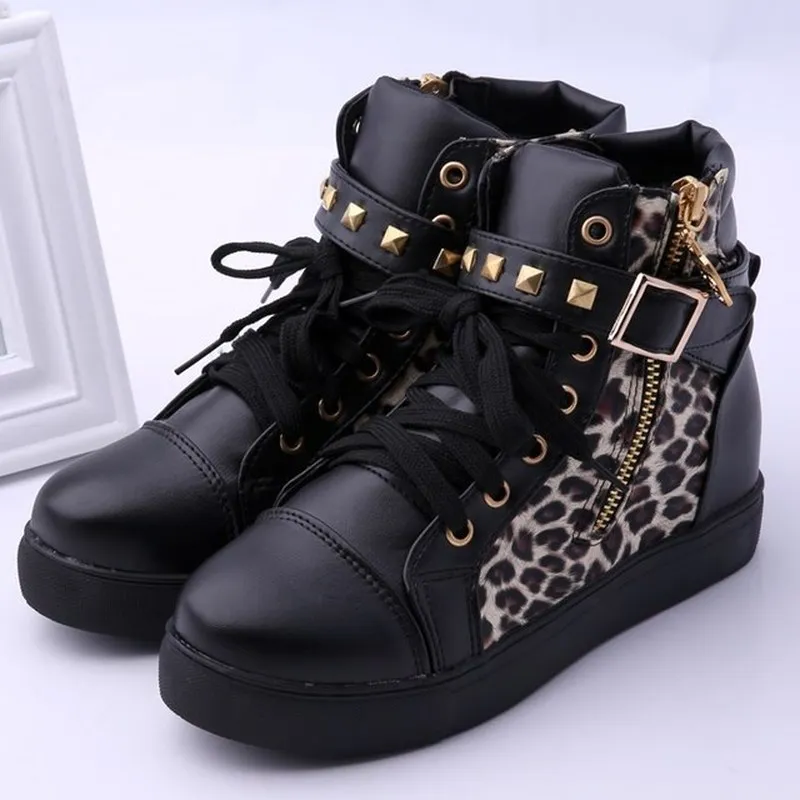 New Woman High-top Shoes Leopard Rivet PU Leather Fashion Sneakers Women Autumn Winter Flats Ladies High Quality Classic Style