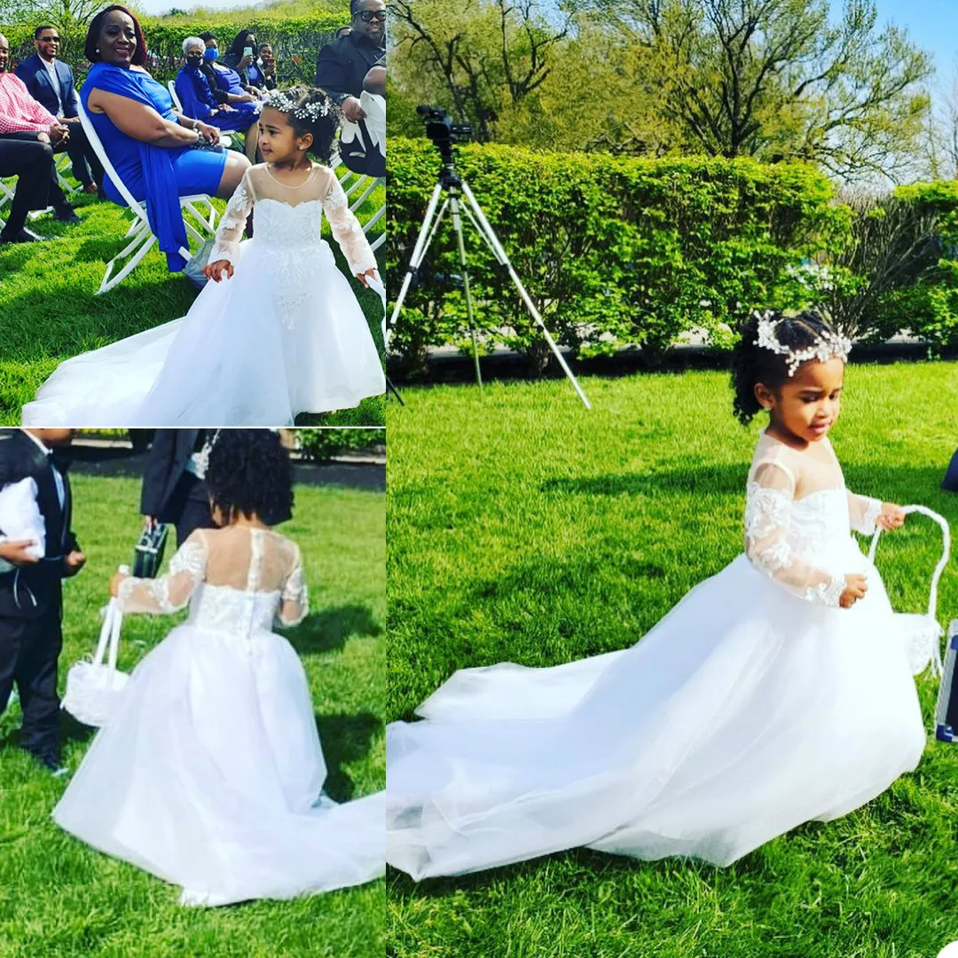 Robe blanche en dentelle à fleurs pour filles, manches longues, robes de fête d'anniversaire pour enfants, robes de concours formelles de bal de mariage, coupe trapèze