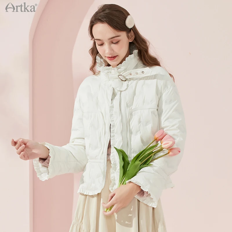 

ARTKA 2021 Winter New Women Down Jacket Elegant Ruffle Stand Collar 90% White Duck Down Coat Short Warm Black Down Coat DK29011D