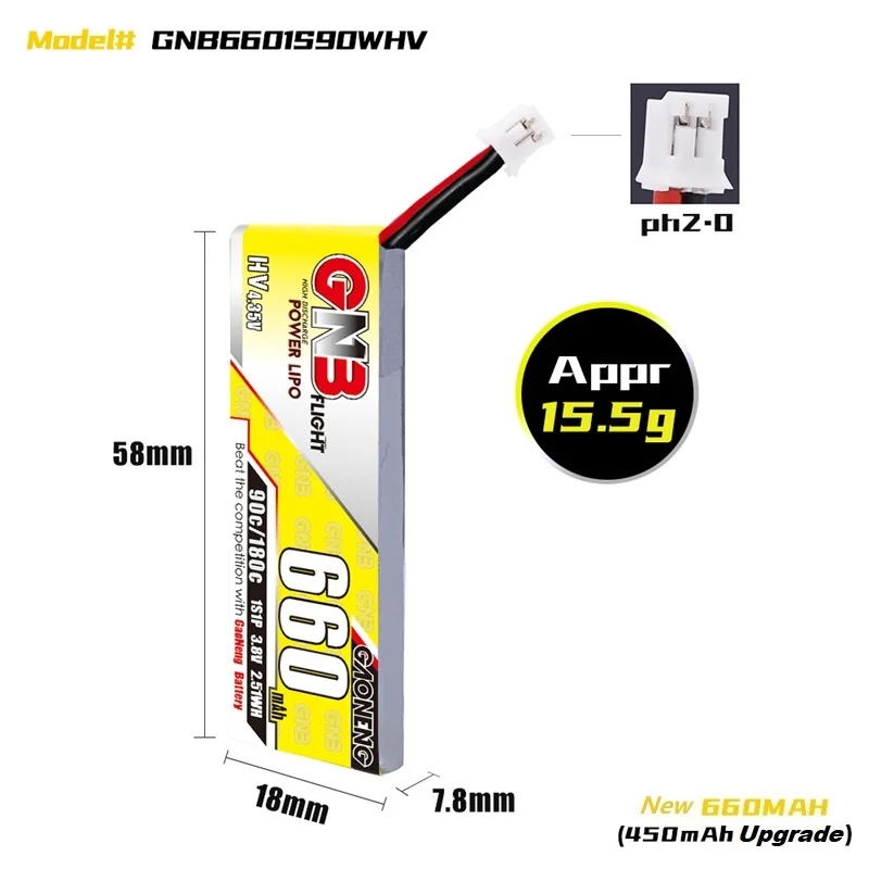 Gaoneng-batería Lipo con enchufe PH2.0 para Emax Tinyhawk King Kong Ldarc TINY7, 1-10 piezas, GNB, 660mAh, 3,8 V, 1S, 90C/180C, HV, 4,35 V