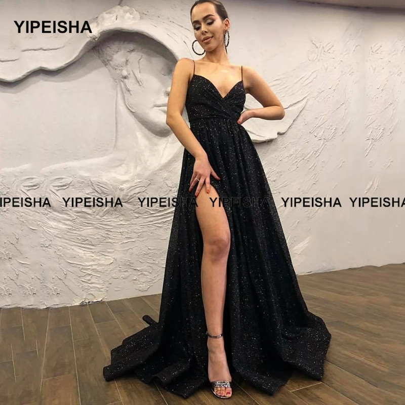 Yipeisha Chân Váy Xòe Caro Đen Promise Lấp Lánh Sequin Bên Khe Dạ Hội Bầu Plus Kích Thước Áo Dây De Soiree