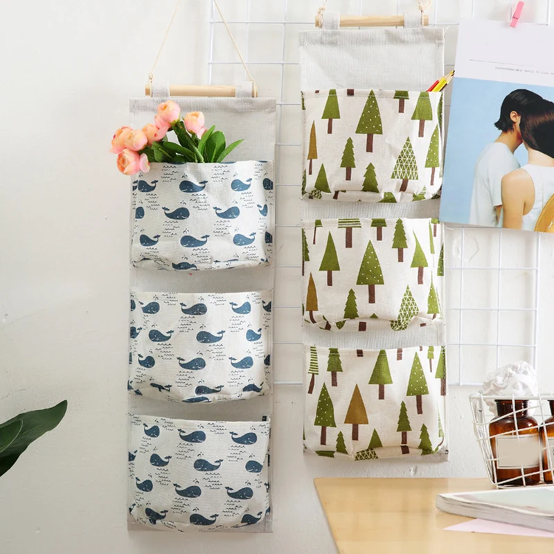 Wall Mounted Storage Bag with 3 Pockets Linen Fabric Waterproof Wall Door Closet Hanging Organizer for Bedroom Bathroom LBS