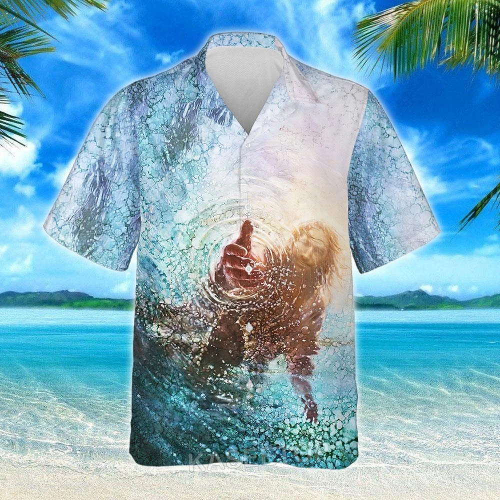 Fashion kaus pantai Yesus I Am God 3D pria, atasan ukuran besar pakaian jalanan Fashion kasual berkancing, kaus Hawaii untuk pria