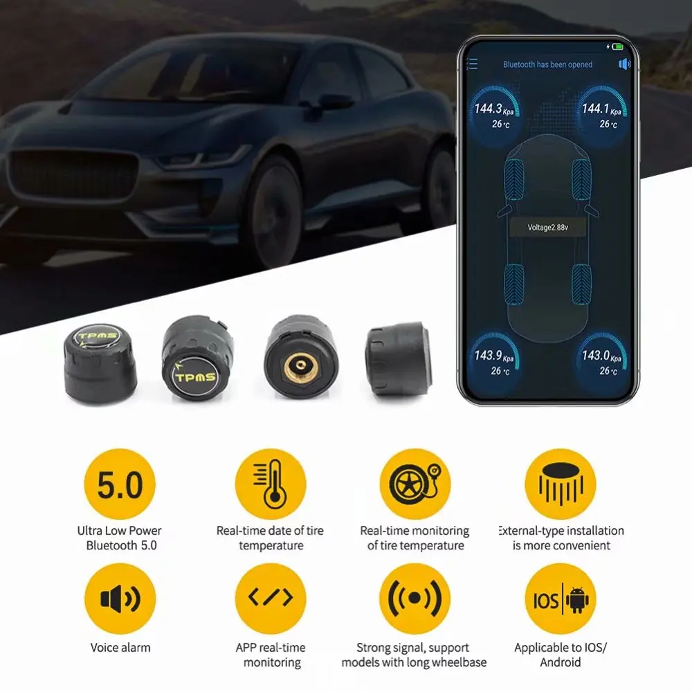 BLE TPMS 5.0 Wireless 4 Sensors Car Tire Tyre Pressure Monitoring System TPMS Alarm Warning By Bluetooth 5.0 For APP IOS/Android