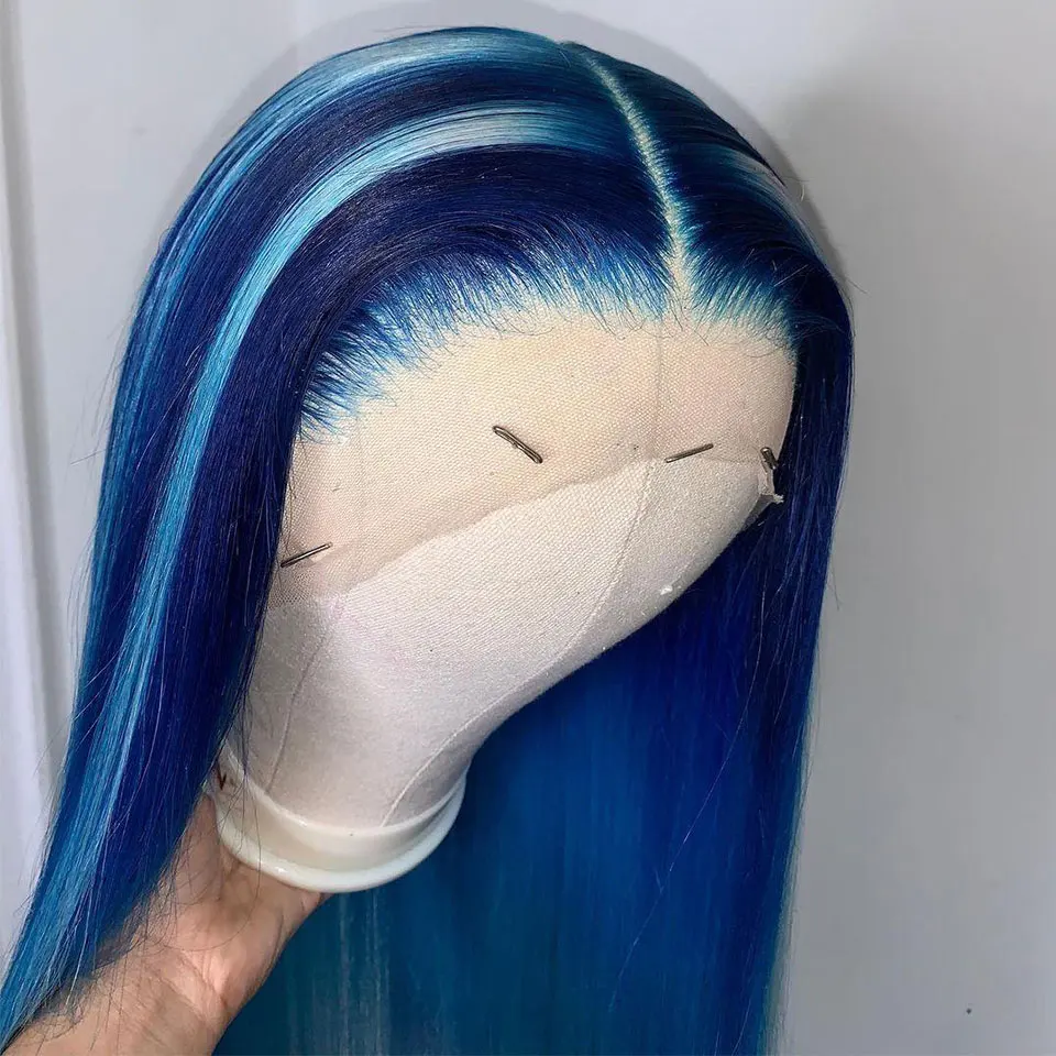 

180 Density 28 Inches Brazilian Highlight Blue Body Wave Human Hair Wig Colored Long Straight 13x4 HD Colored Lace Frontal Wigs