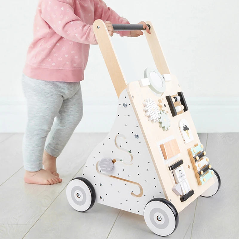 New Baby Wooden Walker Toddler Trolley Activity Walker Busy Board Montessori Educational Early Learning Toy For Kids Gift