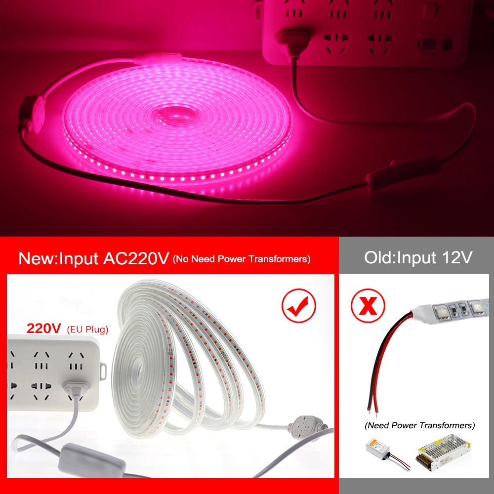 LED Grow Light Strip Full Spectrum Waterproof Phyto Lamp AC220V 120LEDs/M Flexible LED Strip Light for Plants Flowers Hydroponic