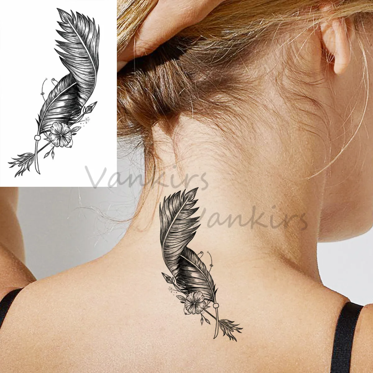 Faux tatouages temporaires pour femmes et filles, autocollant de couleur pivoine, colibri, plume réaliste, fleur de Rose, col de bras