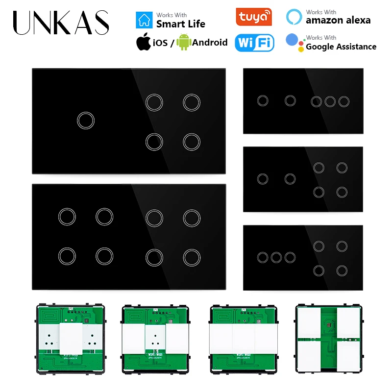 UNKAS Modules DIY Free Combination 2 3 4 5 6 7 8 Gang EU Wifi Touch On / Off Smart Switch Black Glass 157mm Panel Outlet