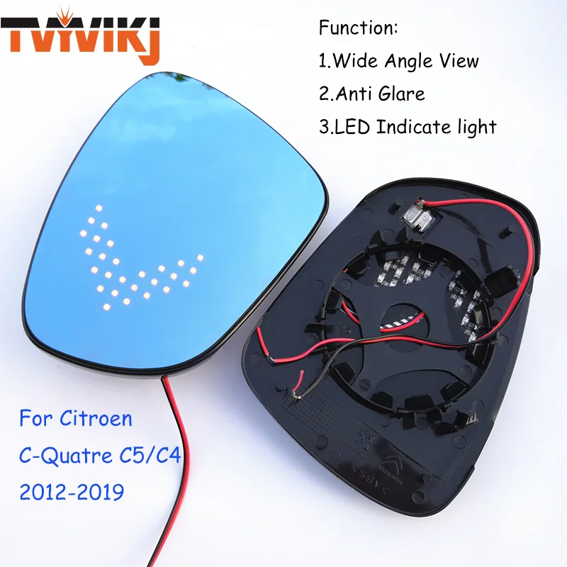 TVYVIKJ Side Rearview Mirror Blue Glass Lens LED Indicate light For 2009-2019 Citroen C-QUATRE Triumph C4L C5 C4 Wide Angle