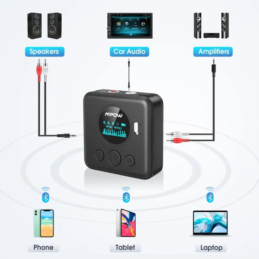 ترقية Mpow بلوتوث محول الصوت Mpow BH492 بلوتوث 5.0 استقبال مع شاشة OLED والصوت ثلاثية الأبعاد لنظام ستيريو المنزل سيارة