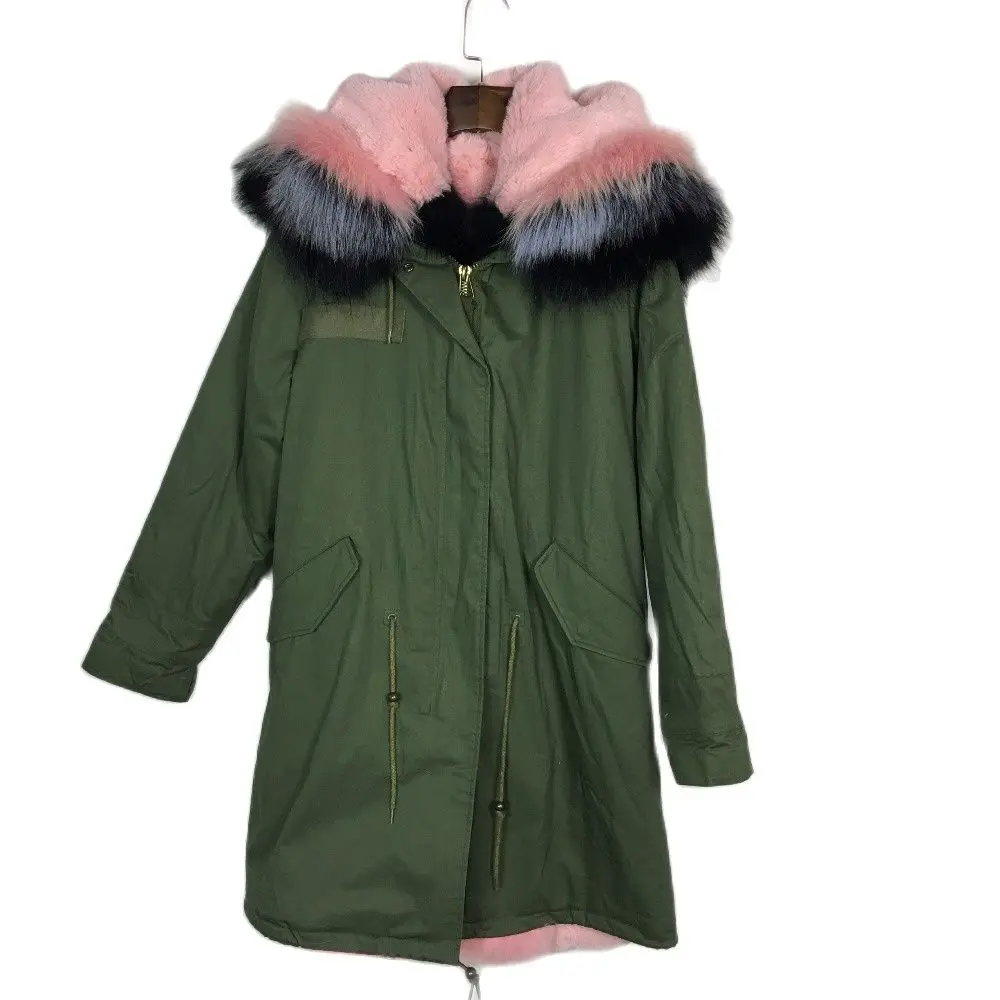 

Long Parka Pink Multicolor Fox Fur Collar Ladies Winter Wear Thickness Faux Fur Lined Warm Jacket Casual Wear Fur Clothes