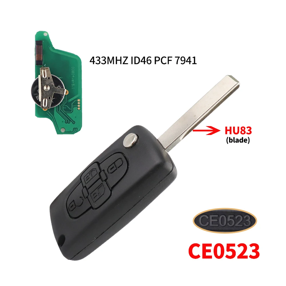 YIQIXIN CE0523 Hỏi Xe Flip Remote Chìa Khóa Dành Cho Xe Đạp Peugeot 807 1007 433Mhz 4 Nút Nhấn Cho Đồng Hồ C8 2002-2014 VA2/HU82 ID46 PCF7941 Chip