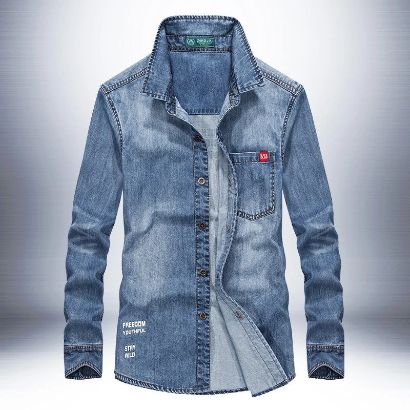 

Blue Denim Jeans Shirts Men Long Sleeve Vintage Slim Fit Regular Casual Shirt Men Cotton New Plus Size S-3XL 4XL