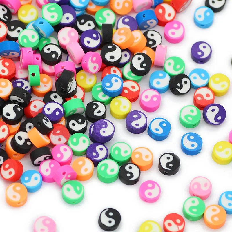 50pcs 10x4MM Mix Color Round Tai Chi Polymer Clay Spacer Charm Loose Beads For Jewelry Making DIY Bracelets Necklace Accessories