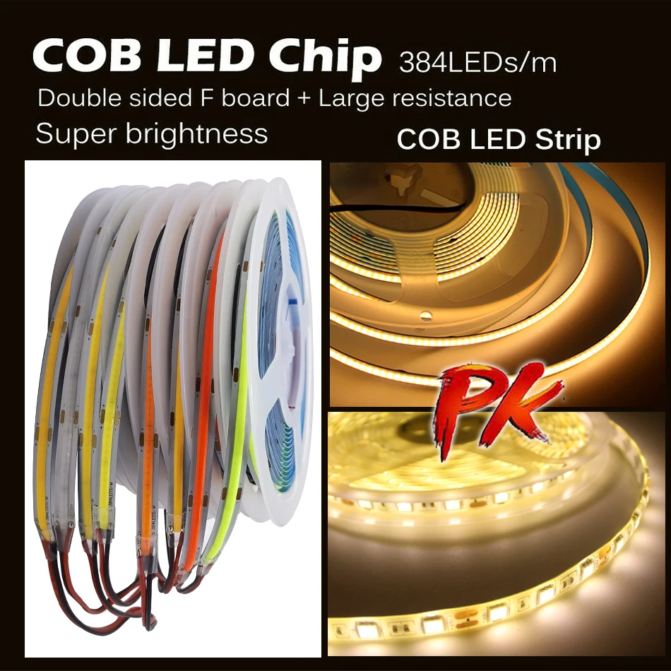 DC12V / 24V COB LED Strip Light 384 LEDs High Density Flexible LED Light Tape for Decor Lighting Super Bright Neon RGB LED Strip