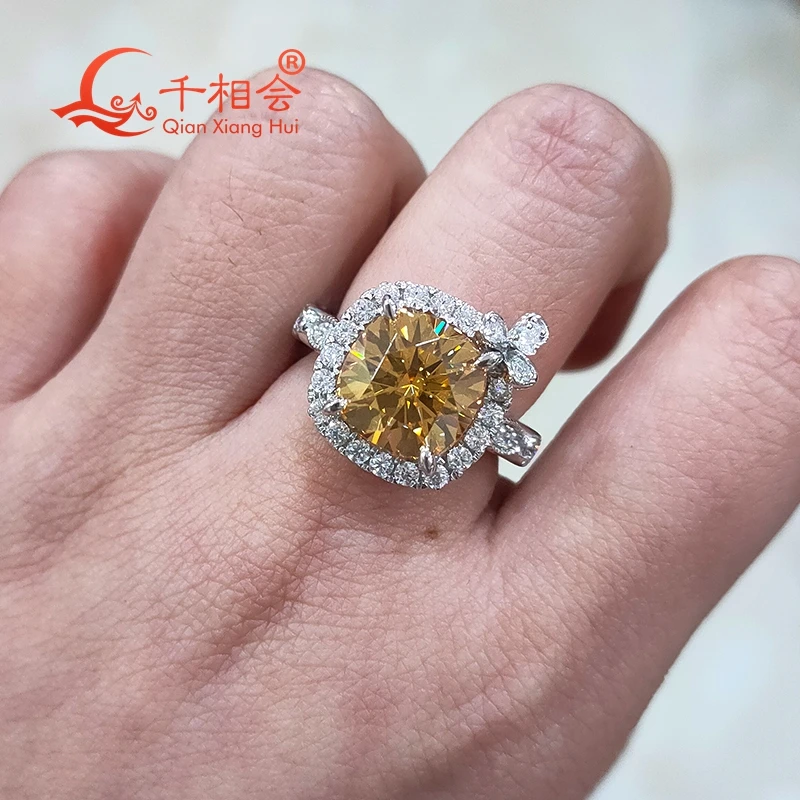 s925 silver ring 10mm champagne yellow or white color cushion shape little flower white D moissanite for Wedding dating