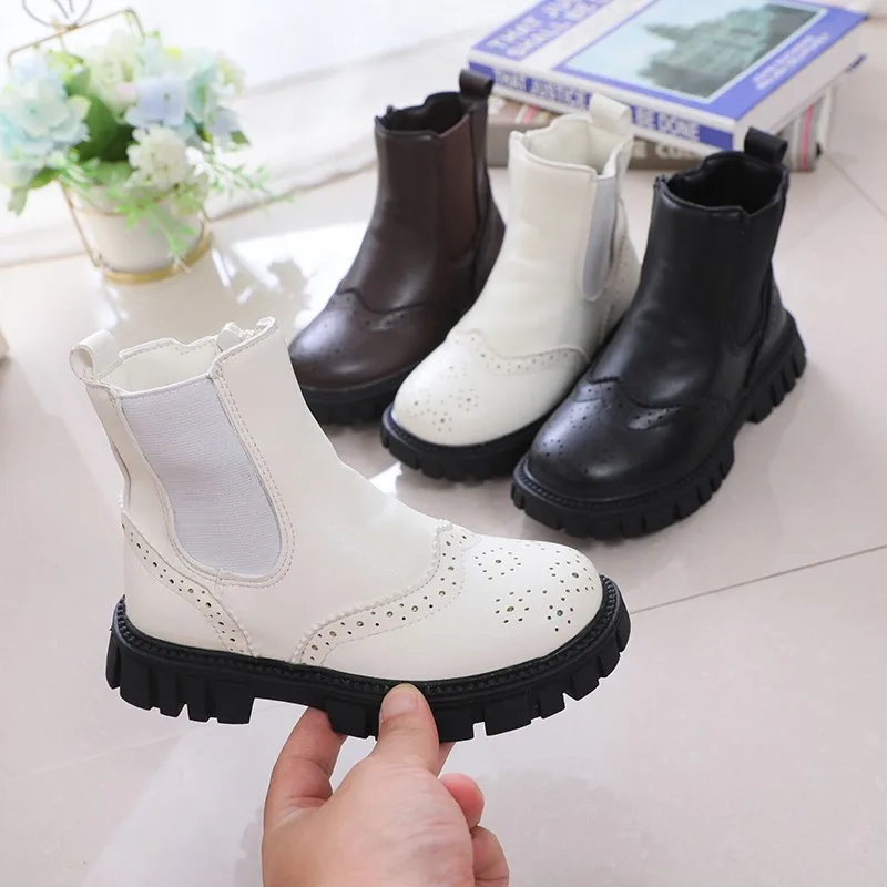 Children Chelsea Boots Fretwork British Style Kids Short Boots Warm Winter Zipper Fashion Elegant Platform Boys Girls Flat Shoes