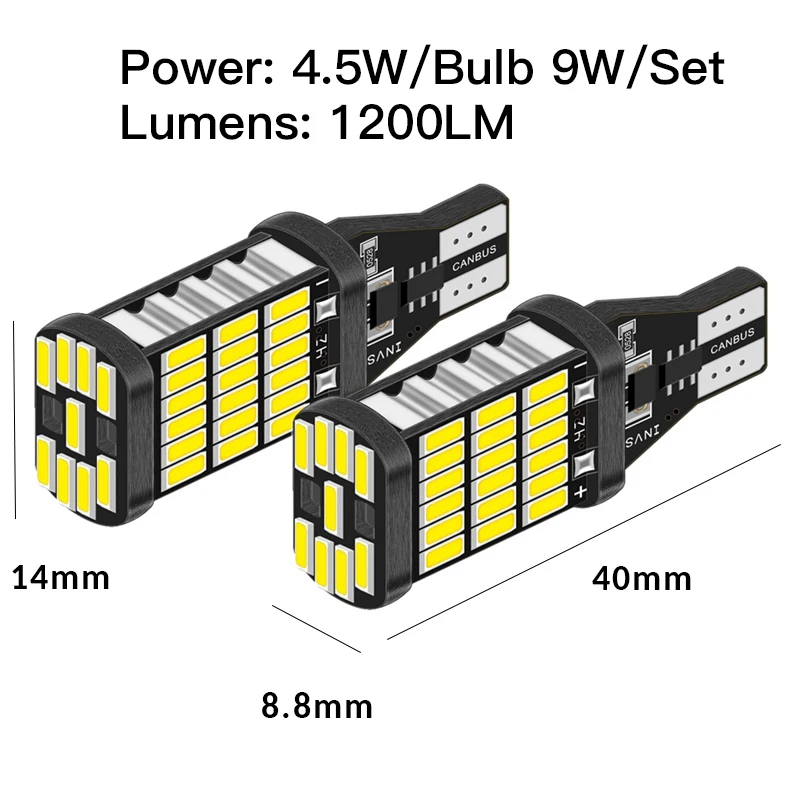 LED電球T10,4014,45smd,Canbus,バックアップライト,921,w16w,912,16w,リバースキセノン電球,白,dc12v t10