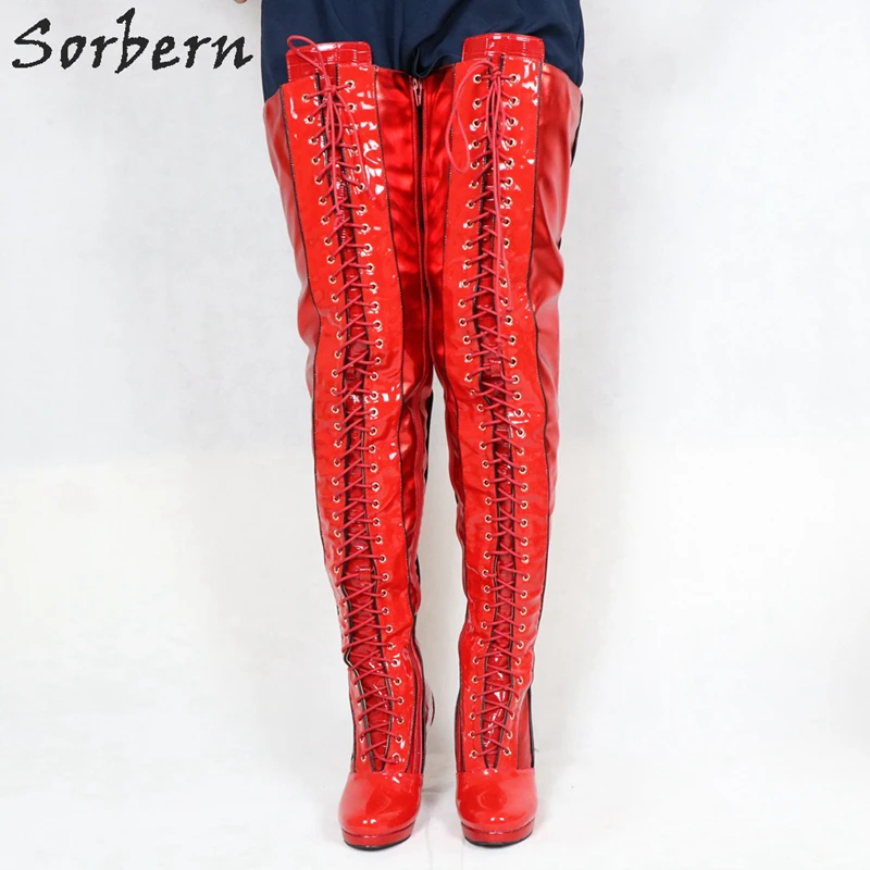 Sorbern Personalizzato Rosso Crespi Stivali Sopra Gli Stivali Al Ginocchio In Base Alle Immagini Lace Up Coscia Alta Piattaforma Numero di scarpe