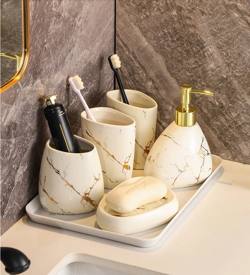 Bathroom Accessories Set Ceramic  Toothpaste Dispenser  Bathroom Cup  Toothbrush Holder Soap Dish Nordic Platinum Marble Texture