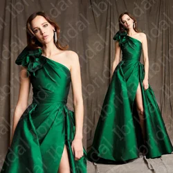 Customized Green Evening Dresses Full Length One Shoulder Sleeveless Bow Pleated Wedding Guest Gowns Side Split Prom Dress 2024