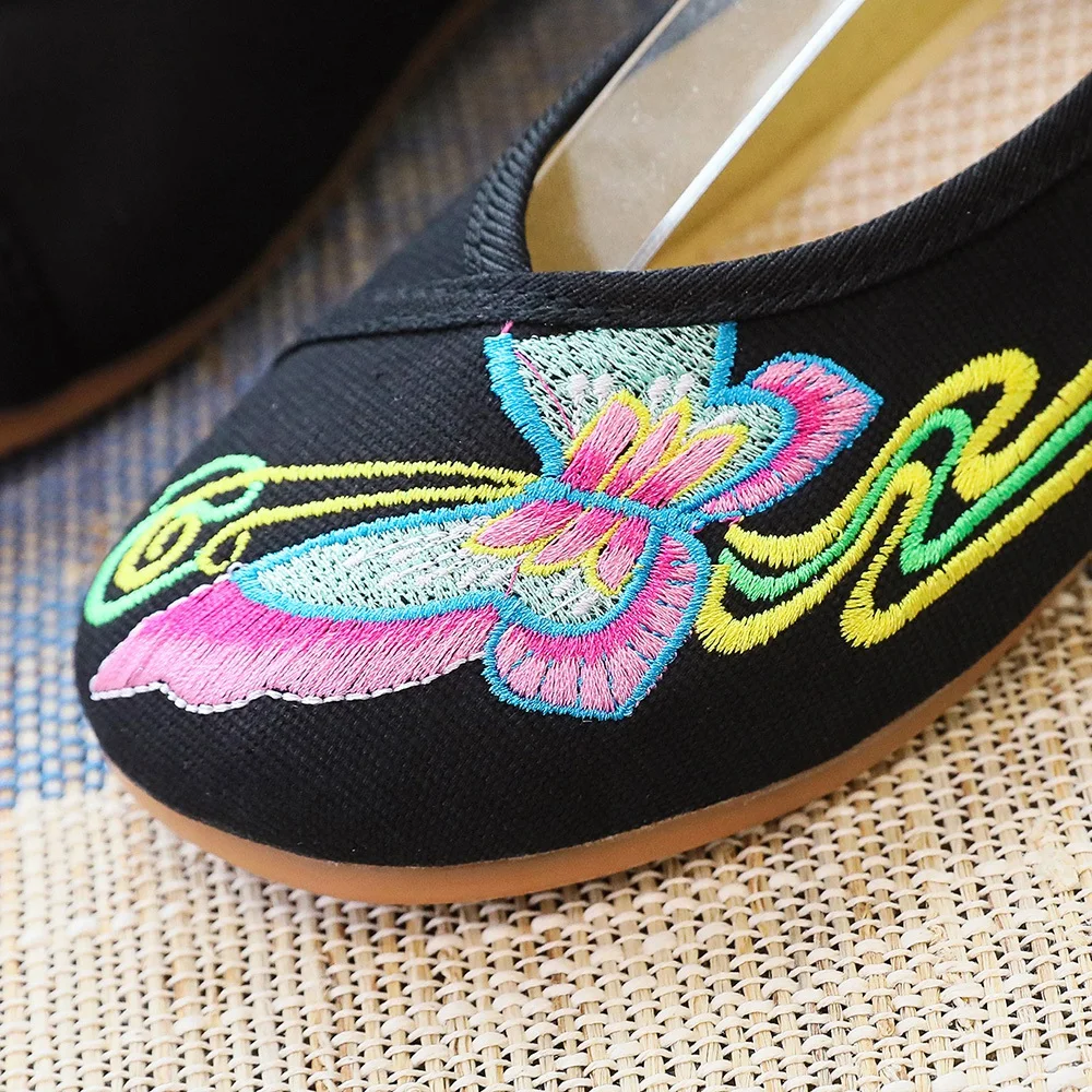 Veowalk Butterfly Embroidered Women Cotton Fabric Ankle Strap Ballet Flats Chinese Style Ladies Comfortable Soft Walking Shoes