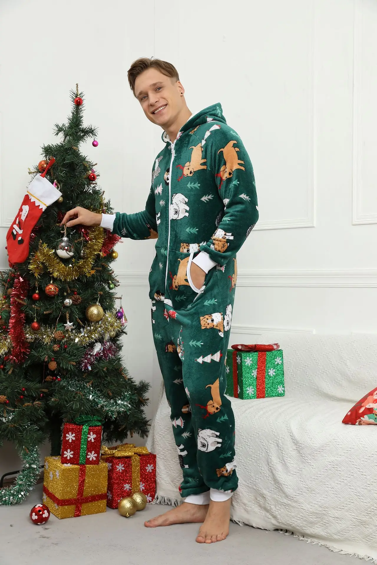 Pijama navideño de franela para hombre, ropa de dormir cálida y suave, mono de manga larga, Invierno