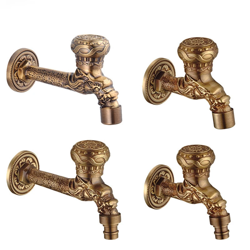 Antique Brass Dragon Carved Faucet Retro Bathroom Garden Single Cold Water Tap with Washer for Toilet Mop Pool