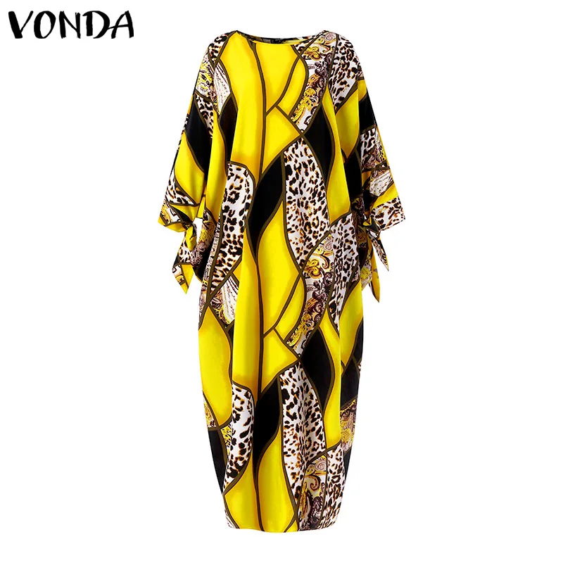 Women Kaftan Dress 2023 VONDA Summer Vintage Leopard Print Party Long Maxi Dress Casual Long Sleeve Pleated Robe Beach Vestidos