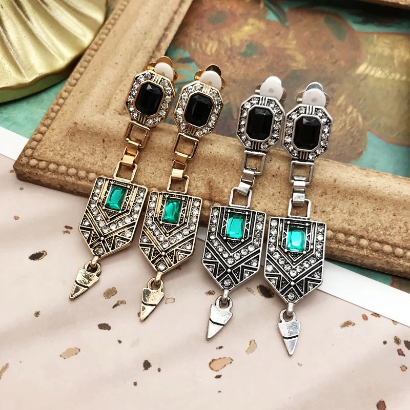 Vintage Rhinestone Dangle Earrings Geometric Alloy Green Triangle Pendant Charm Jewelry For Women