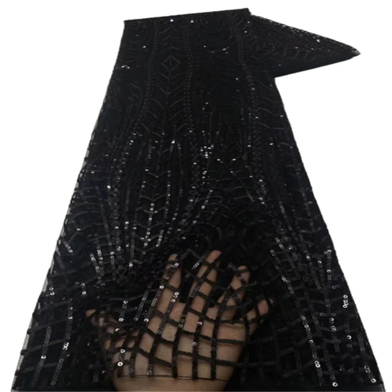 

Sequined Indian Lace Fabric 2021 Black Nigeria Mesh Voile Net Tulle Guipure Lace African Women Evening Dress Sequins Fabric X99