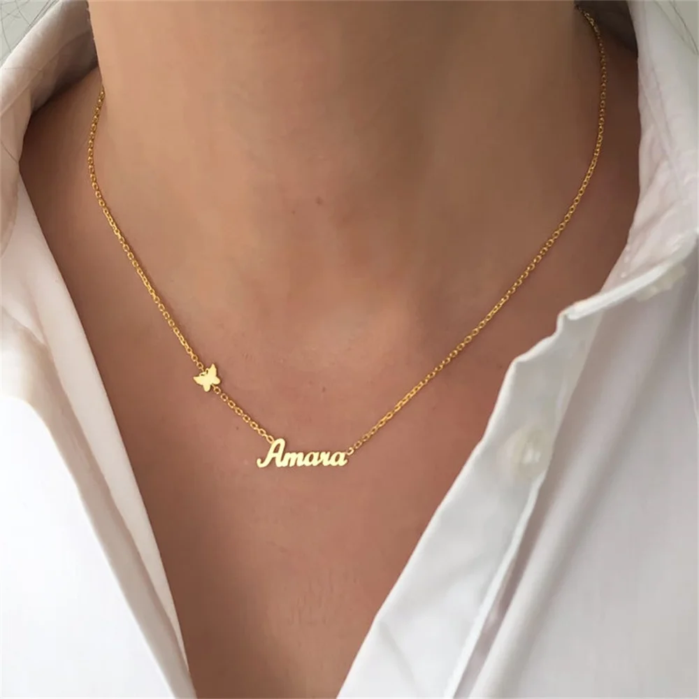 

Fashion Custom Stainless Steel Name Necklace With Butterfly Ladies Girl Personality Letter Necklace Jewelry Gift