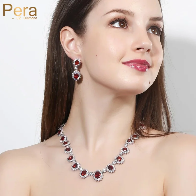 Pera CZ Classic Necklace and Earrings Set for Women Gift Big Flower Connected Red Cubic Zirconia Female Engagement Jewelry J127