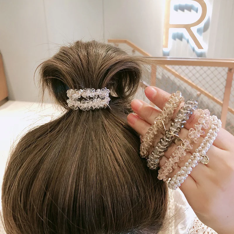 Fashion Crystal Pearl Ponytail Holder Scrunchies Bracelet Hair Rope Elastic Hair Bands Women Korean Rubber Band Hair Accessories