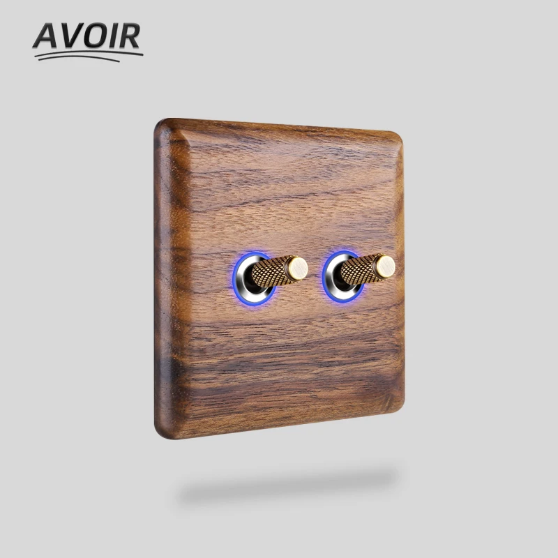 Avoir Black Walnut Solid Wood Wall Light Switch With Led Indicator Toggle Switch 1 2 3 4 Gang 2 Way EU French Electrical Socket