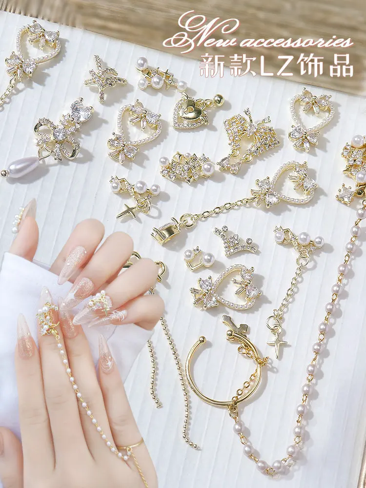 

10pcs/lot 3D Love Butterfly Chain Alloy Crystals Nail Art Rhinestones Pearl Zircon Decorations Nails Accessories Supplies Charms