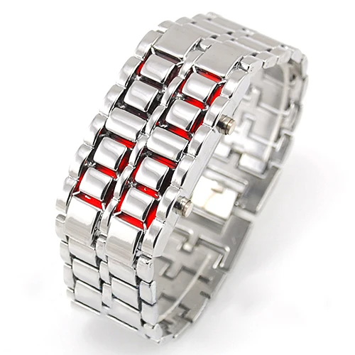 Montre-bracelet numérique en métal pour hommes et femmes, montre-bracelet électronique à quartz, samouraï de fer, affichage LED, bracelet sans visage, montres à la mode