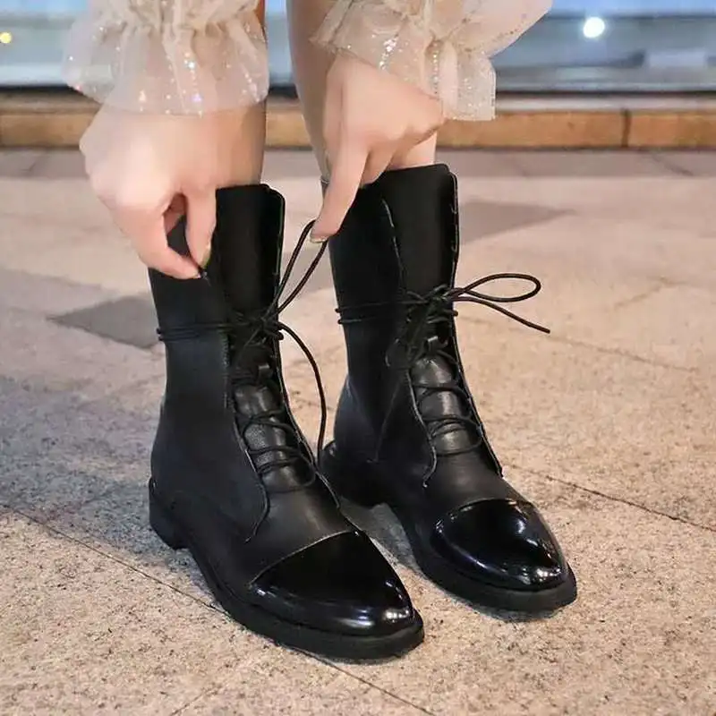 Patent Leather Women Boots British Style Flat Boots Black Pointed Toe Boots Handsome Motorcycle Boots Women\'s Boots Big Size 43