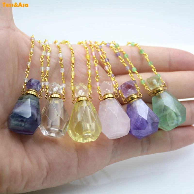 

Natural Multi-Kind Stone diffuser with White crystal Quartz Amazonite Amethysts Bead Chains gems Perfume Bottle pendant Necklace