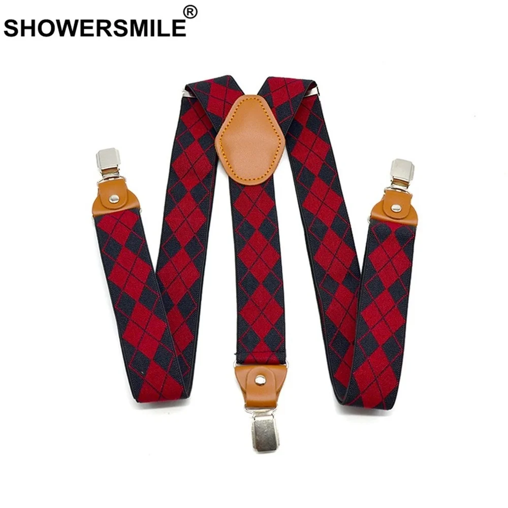 Suspenders Man For Pants Black Red Argyle Adjustable Y Back Suspender Belt 3 Clips With Leather Male Braces 120cm*3.5cm