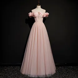 Pink Fashion Evening Dress Boat Neck Short Sleeves Simple Floor-Length Lace Up A-Line New Tulle Party Formal Dresses Woman B1254